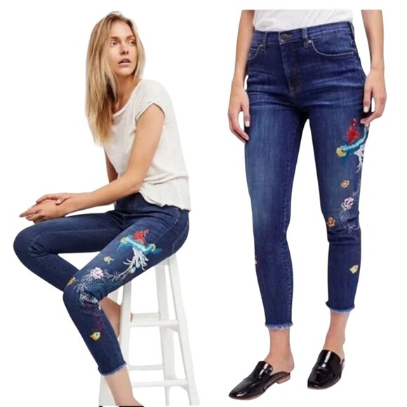 Free People Denim - Free People Embroidered Bird Raw Hem Skinny Jeans Sz 31Peacock Floral